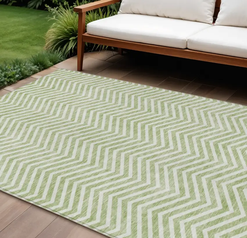 Artichoke Green And Ivory Chevron Washable Indoor Outdoor Area Rug Photo 1