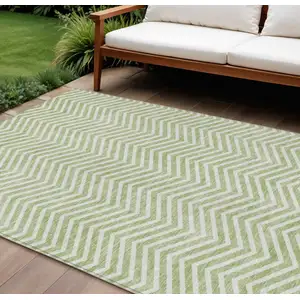 Photo of Artichoke Green And Ivory Chevron Washable Indoor Outdoor Area Rug