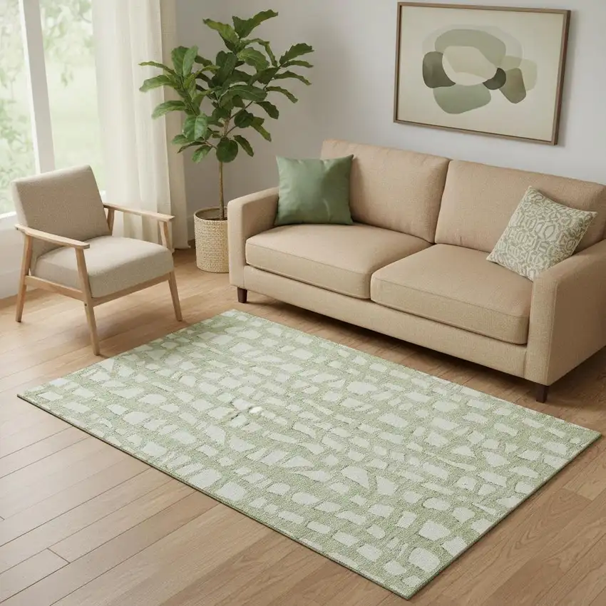 Artichoke Green And Ivory Cobblestone Washable Area Rug With UV Protection Photo 1