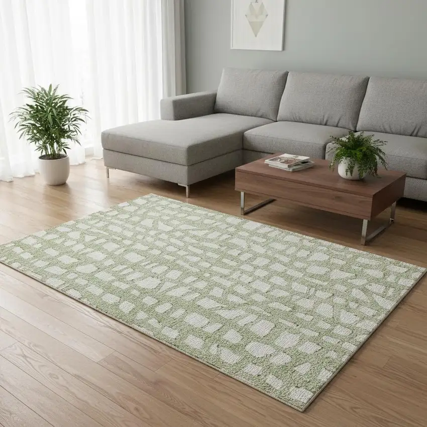 Artichoke Green And Ivory Cobblestone Washable Area Rug With UV Protection Photo 2