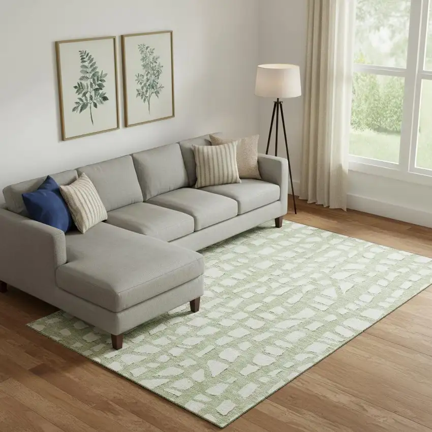 Artichoke Green And Ivory Cobblestone Washable Area Rug With UV Protection Photo 1