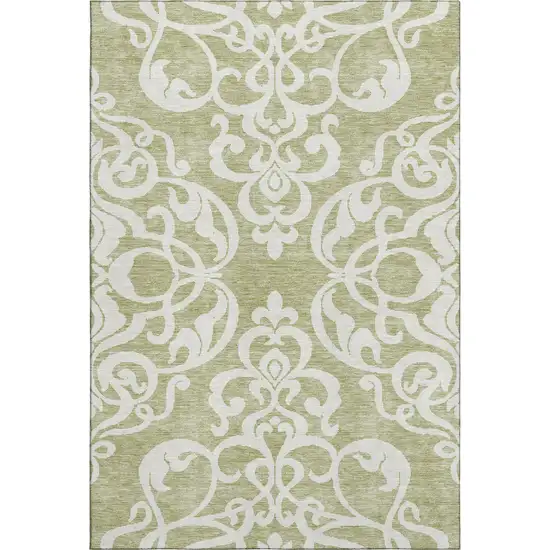 Artichoke Green And Ivory Damask Washable Area Rug With UV Protection Photo 1