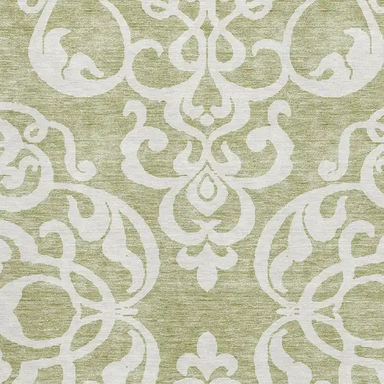 Artichoke Green And Ivory Damask Washable Area Rug With UV Protection Photo 2
