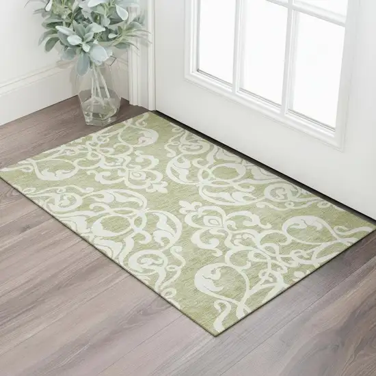 Artichoke Green And Ivory Damask Washable Area Rug With UV Protection Photo 2