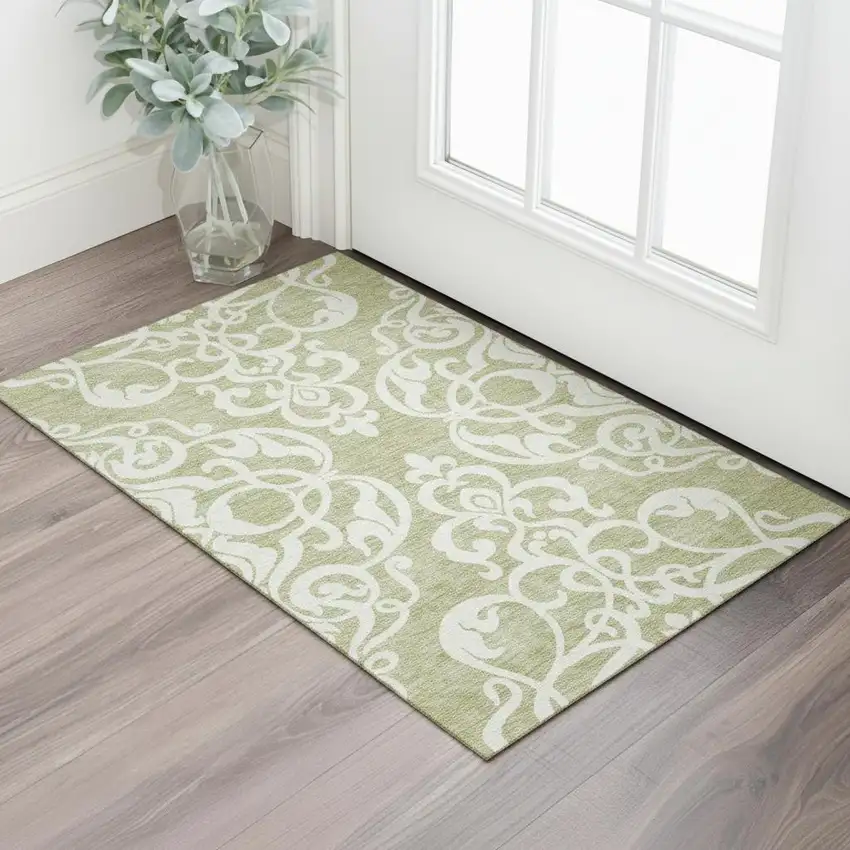 Artichoke Green And Ivory Damask Washable Area Rug With UV Protection Photo 2