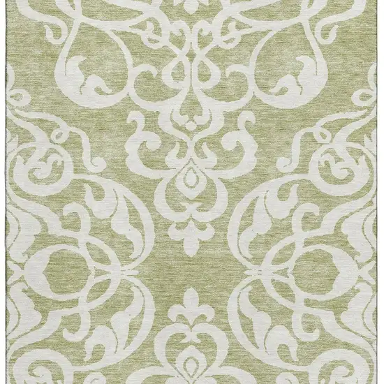 Artichoke Green And Ivory Damask Washable Area Rug With UV Protection Photo 3
