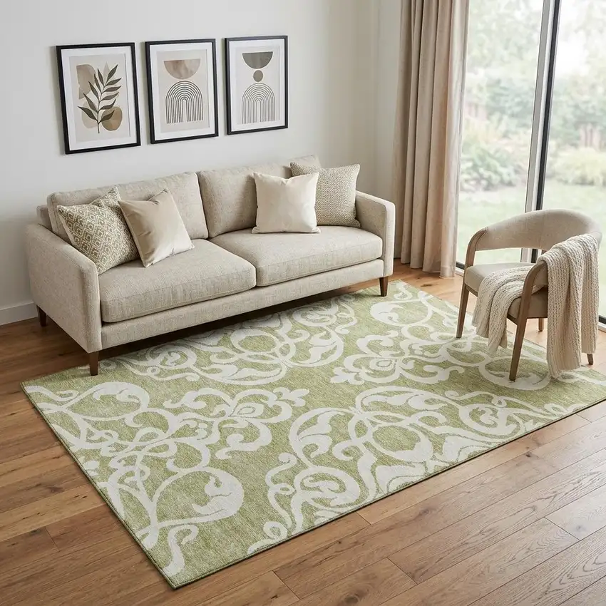 Artichoke Green And Ivory Damask Washable Area Rug With UV Protection Photo 1