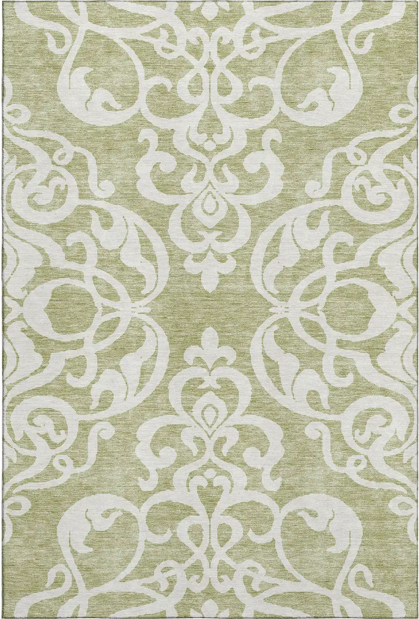 Artichoke Green And Ivory Damask Washable Area Rug With UV Protection Photo 1