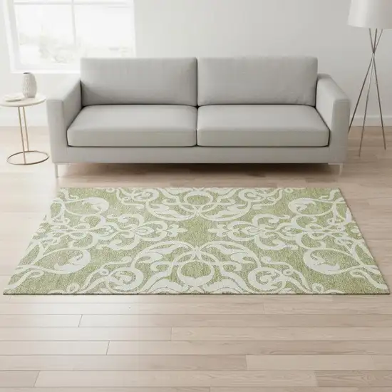 Artichoke Green And Ivory Damask Washable Area Rug With UV Protection Photo 2