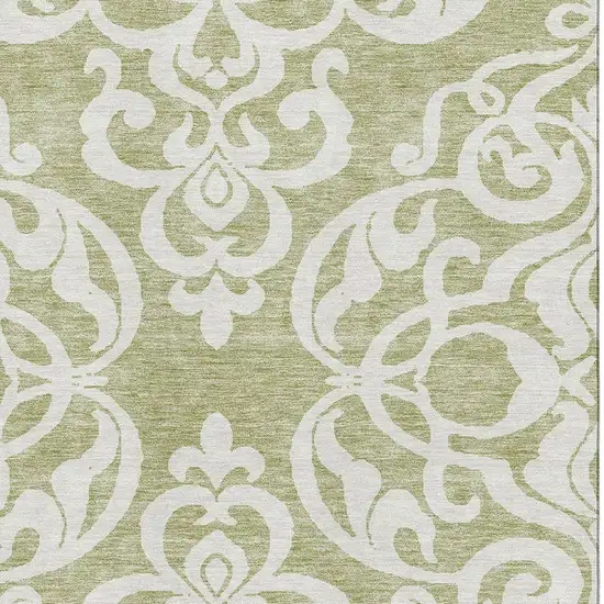 Artichoke Green And Ivory Damask Washable Area Rug With UV Protection Photo 2