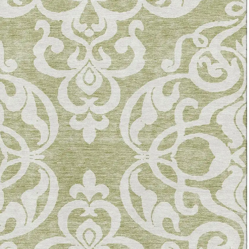 Artichoke Green And Ivory Damask Washable Area Rug With UV Protection Photo 2
