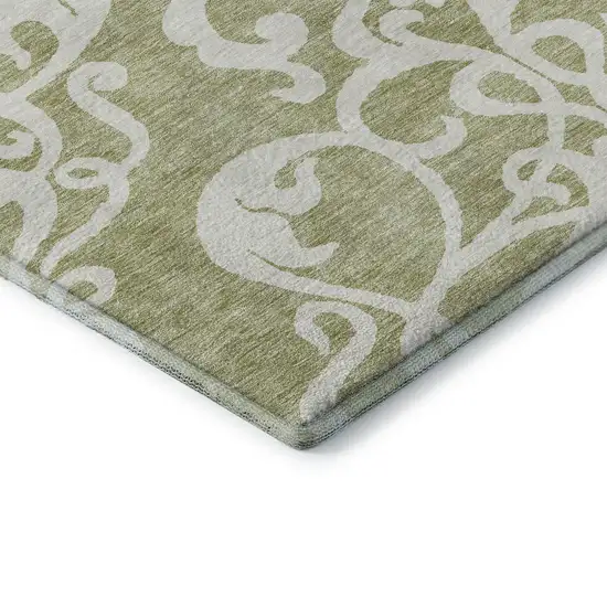 Artichoke Green And Ivory Damask Washable Area Rug With UV Protection Photo 7