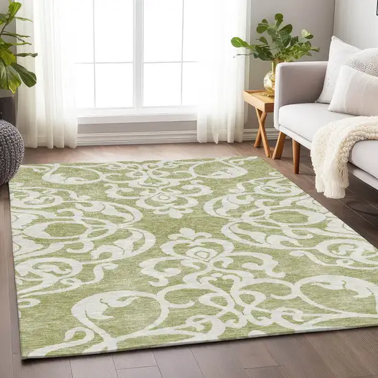 Artichoke Green And Ivory Damask Washable Area Rug With UV Protection Photo 4