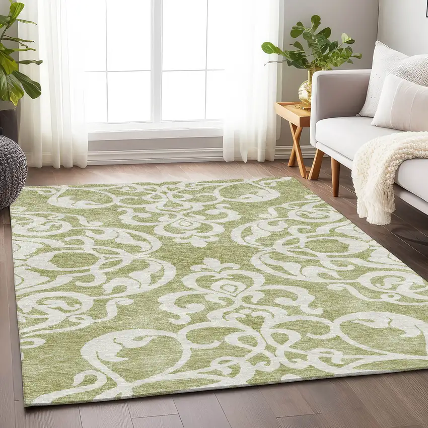 Artichoke Green And Ivory Damask Washable Area Rug With UV Protection Photo 4
