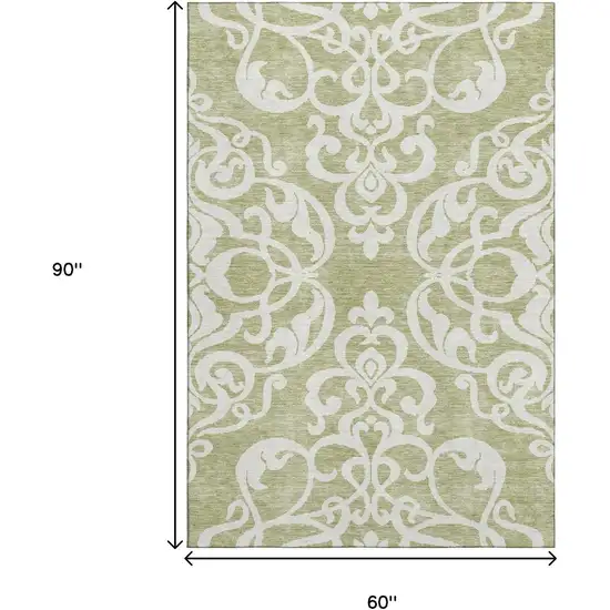 Artichoke Green And Ivory Damask Washable Area Rug With UV Protection Photo 6