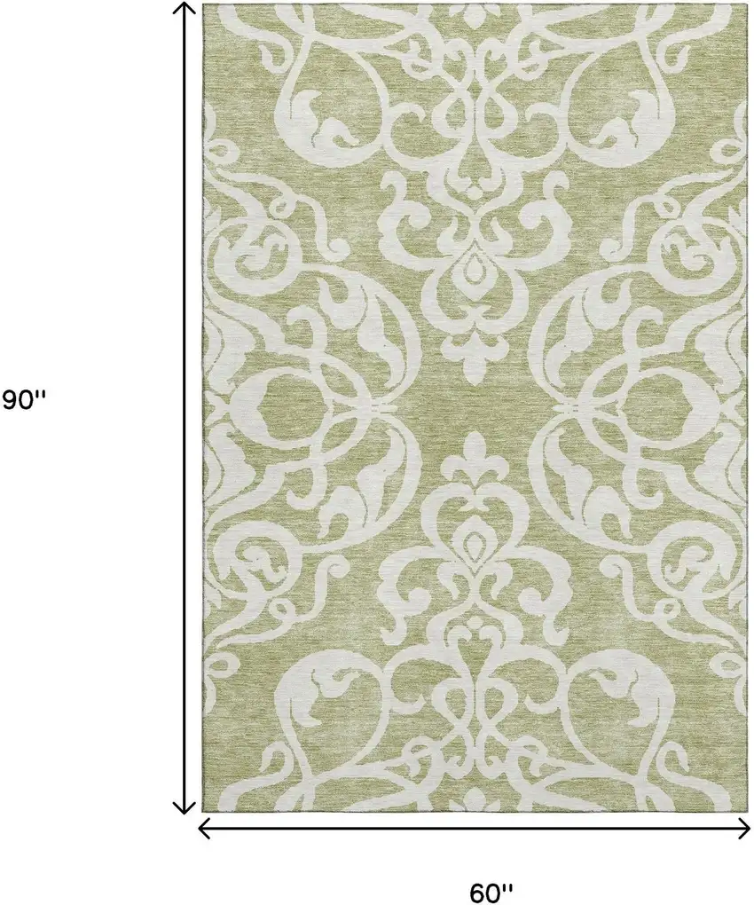 Artichoke Green And Ivory Damask Washable Area Rug With UV Protection Photo 6