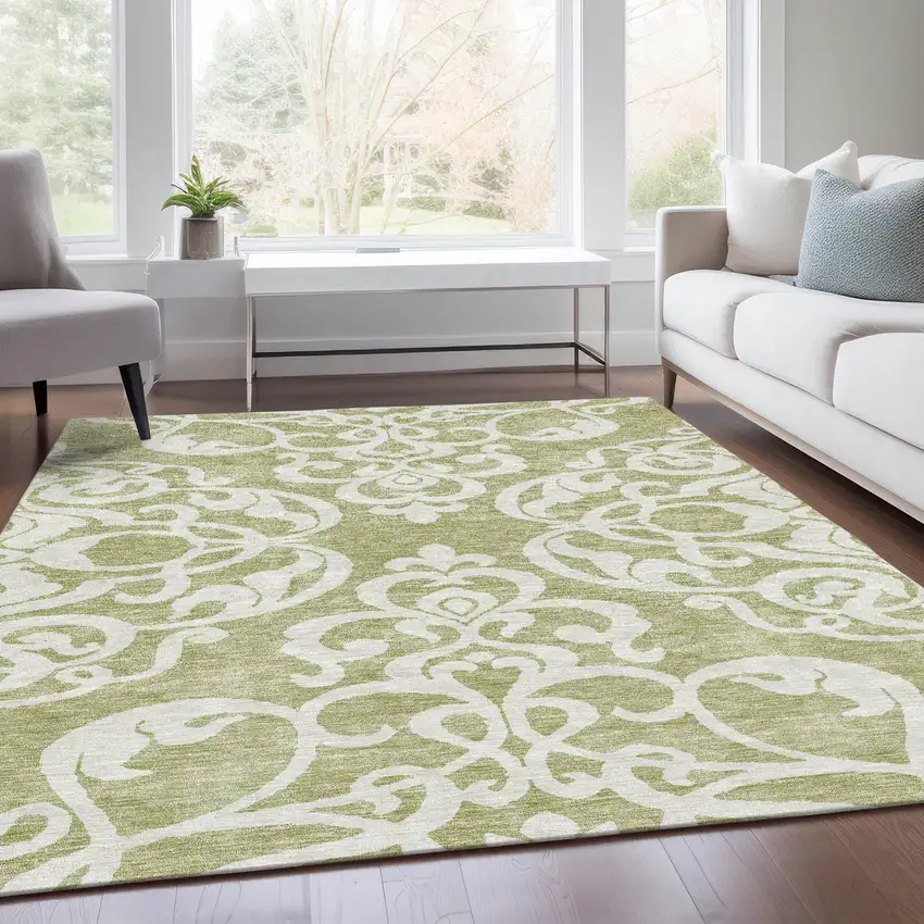 Artichoke Green And Ivory Damask Washable Area Rug With UV Protection Photo 5