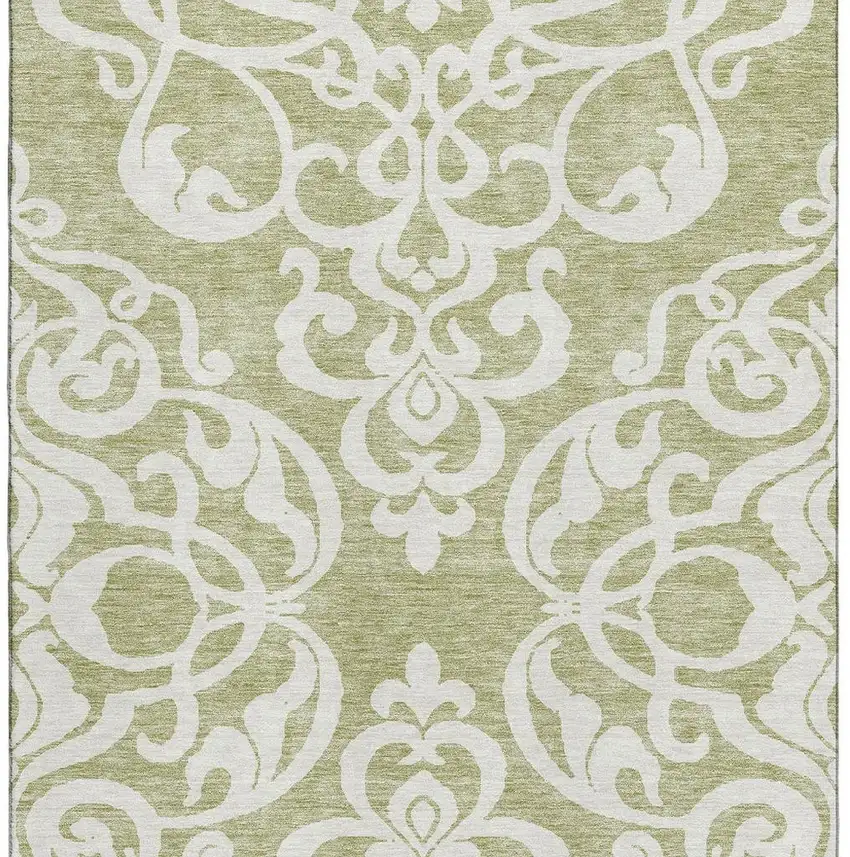 Artichoke Green And Ivory Damask Washable Area Rug With UV Protection Photo 3