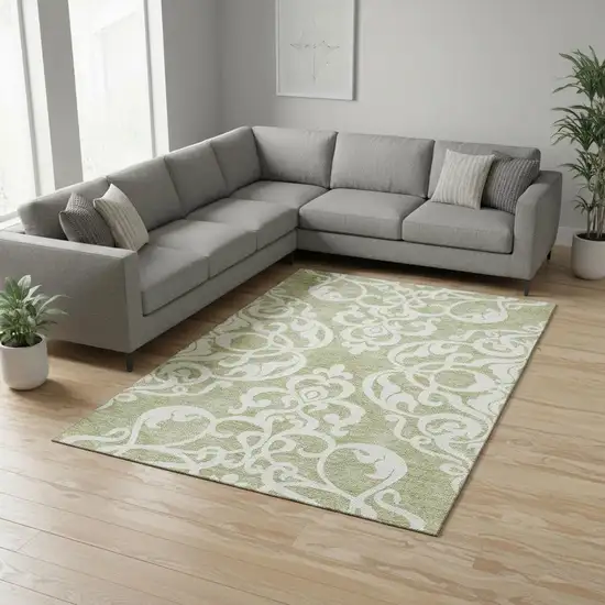 Artichoke Green And Ivory Damask Washable Area Rug With UV Protection Photo 2