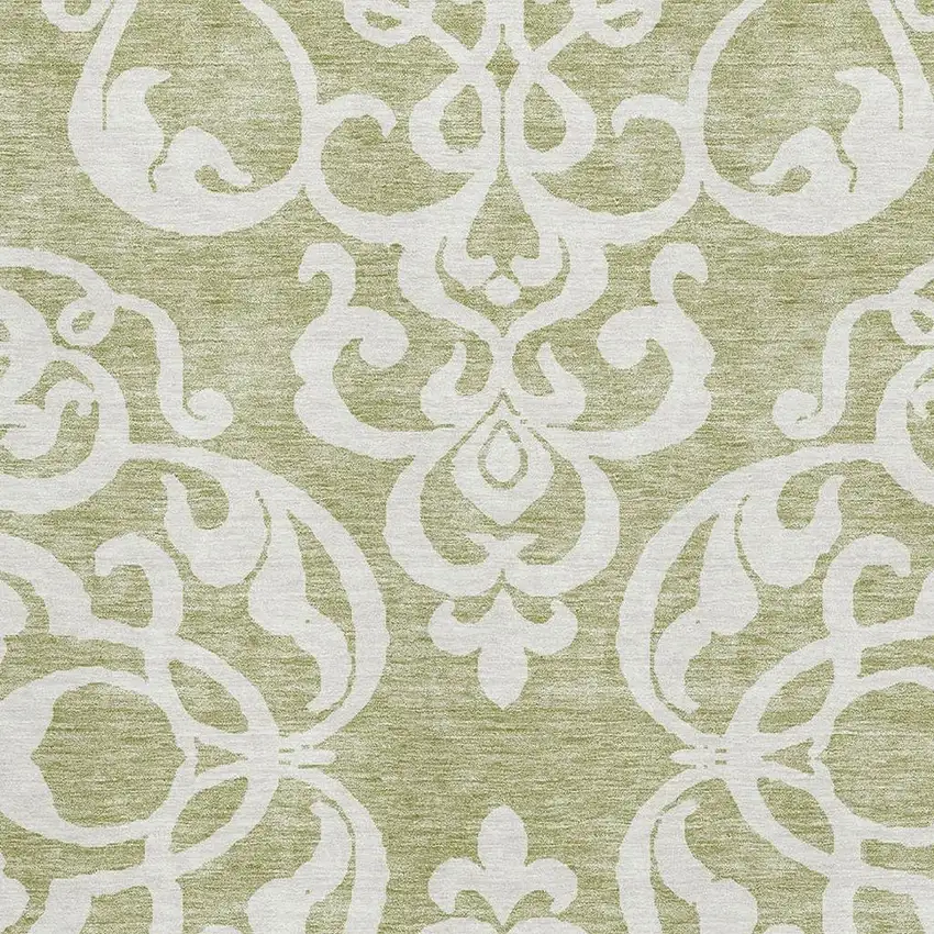 Artichoke Green And Ivory Damask Washable Area Rug With UV Protection Photo 2