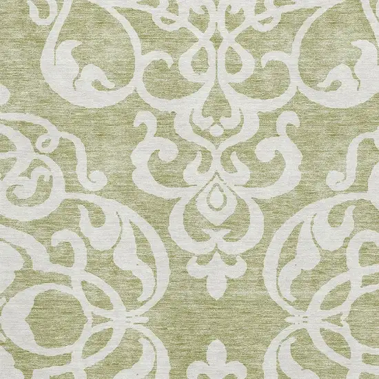 Artichoke Green And Ivory Damask Washable Area Rug With UV Protection Photo 2