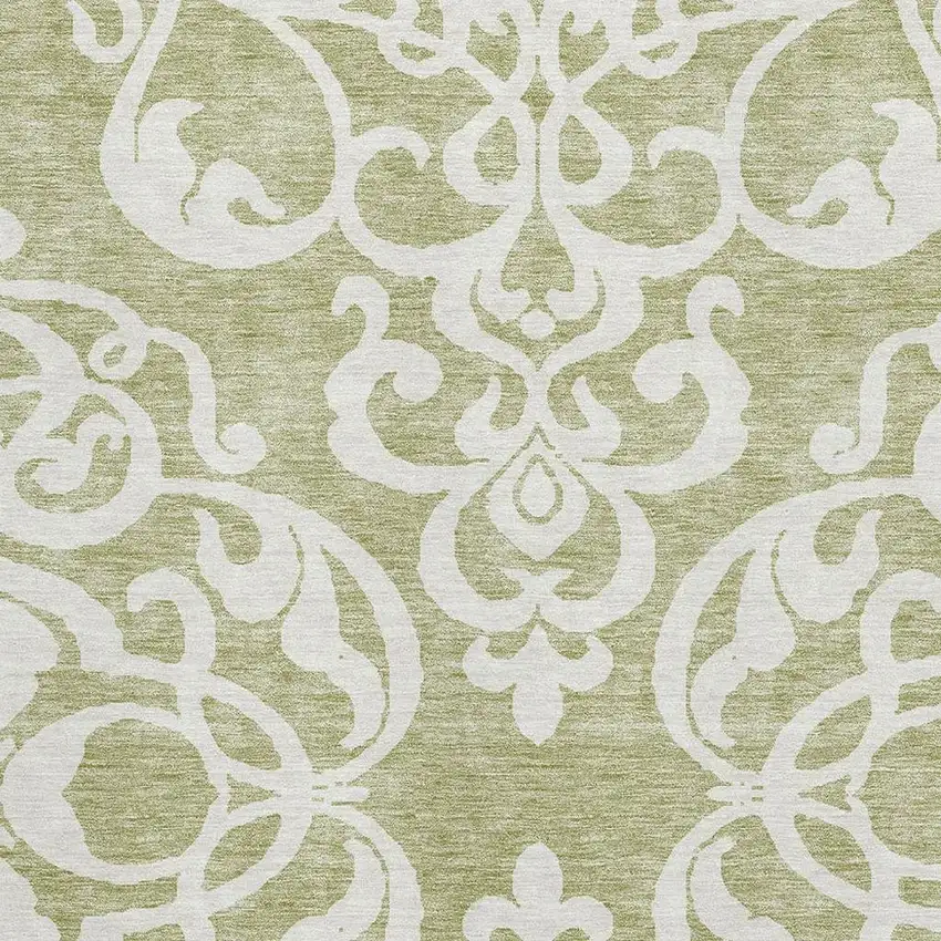 Artichoke Green And Ivory Damask Washable Area Rug With UV Protection Photo 2