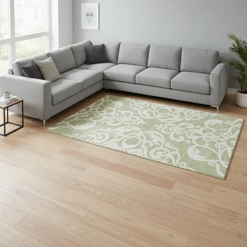 Artichoke Green And Ivory Damask Washable Area Rug With UV Protection Photo 2