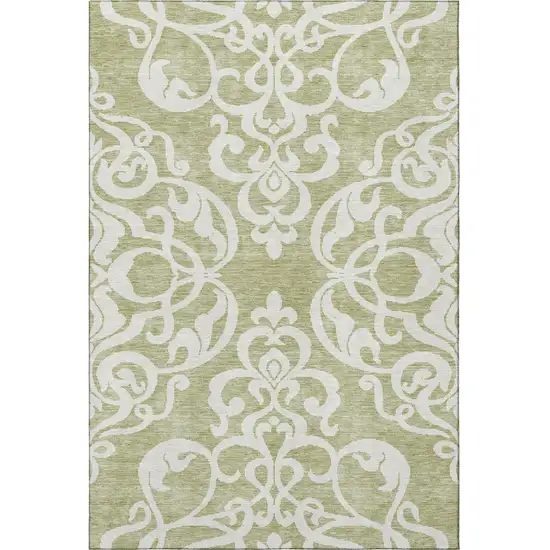 Artichoke Green And Ivory Damask Washable Area Rug With UV Protection Photo 3