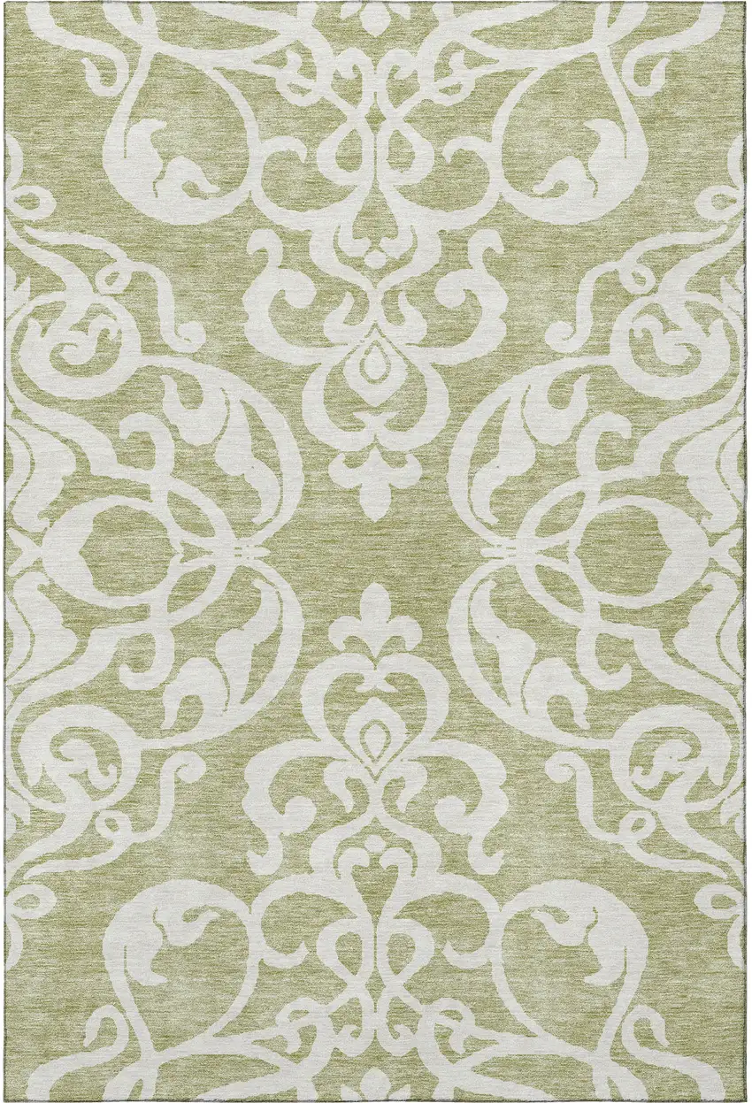 Artichoke Green And Ivory Damask Washable Area Rug With UV Protection Photo 3