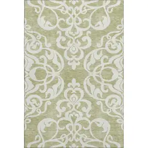 Photo of Artichoke Green And Ivory Damask Washable Area Rug With UV Protection