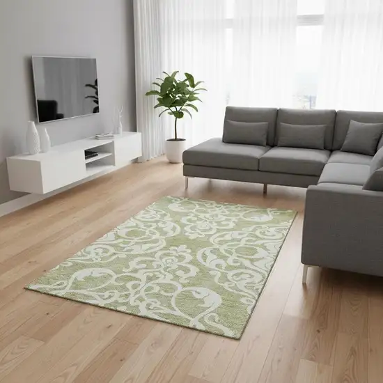 Artichoke Green And Ivory Damask Washable Area Rug With UV Protection Photo 2