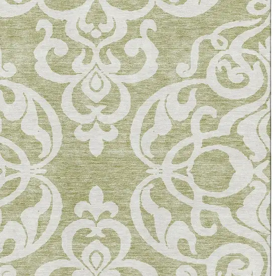 Artichoke Green And Ivory Damask Washable Area Rug With UV Protection Photo 2