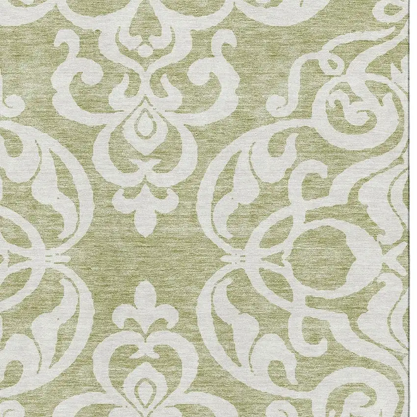 Artichoke Green And Ivory Damask Washable Area Rug With UV Protection Photo 2