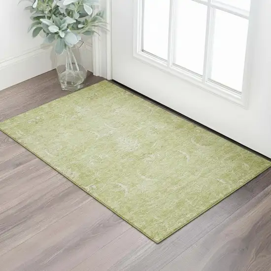 Artichoke Green And Ivory Damask Washable Area Rug With UV Protection Photo 2