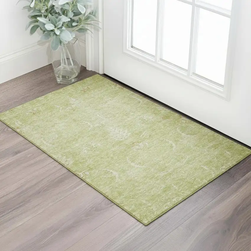 Artichoke Green And Ivory Damask Washable Area Rug With UV Protection Photo 2