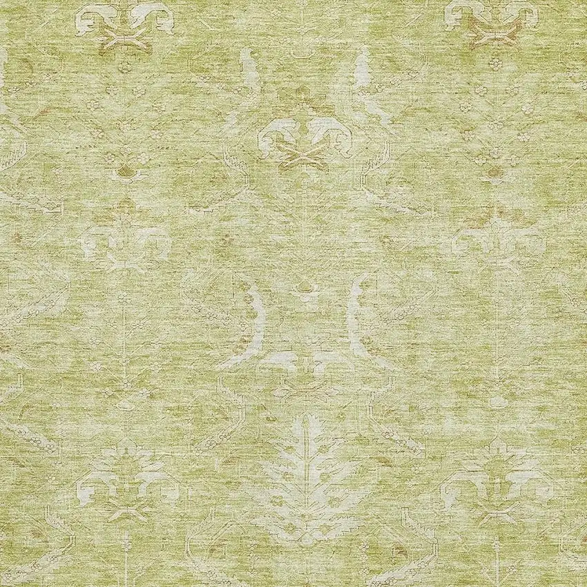 Artichoke Green And Ivory Damask Washable Area Rug With UV Protection Photo 2