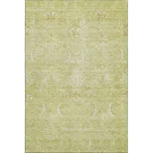Photo of Artichoke Green And Ivory Damask Washable Area Rug With UV Protection