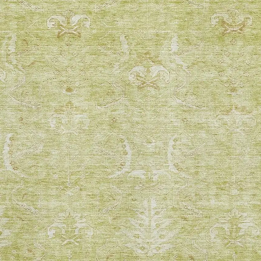 Artichoke Green And Ivory Damask Washable Area Rug With UV Protection Photo 2