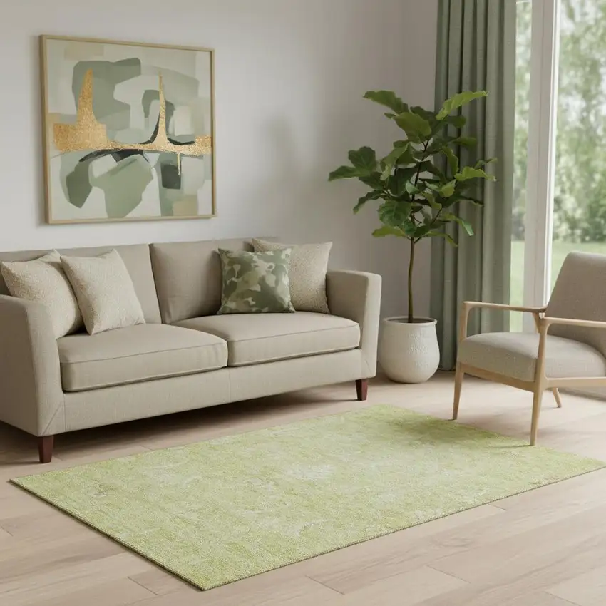 Artichoke Green And Ivory Damask Washable Area Rug With UV Protection Photo 2