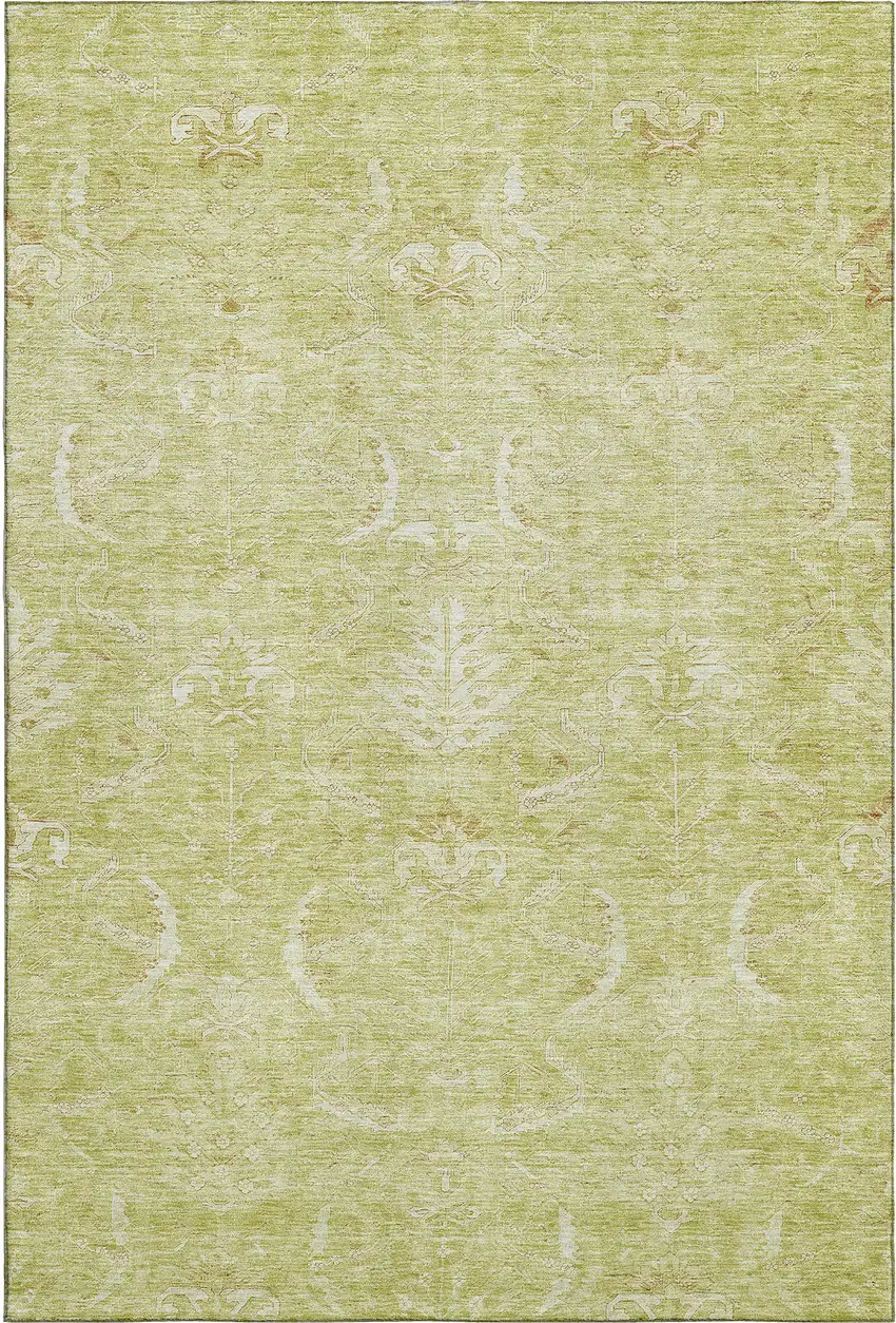 Artichoke Green And Ivory Damask Washable Area Rug With UV Protection Photo 1