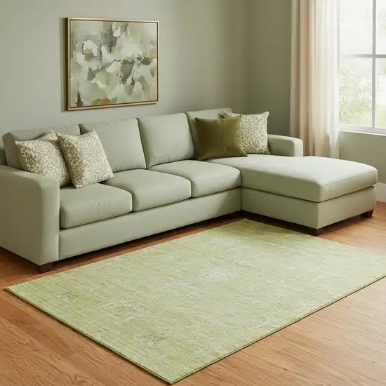 Artichoke Green And Ivory Damask Washable Area Rug With UV Protection Photo 2