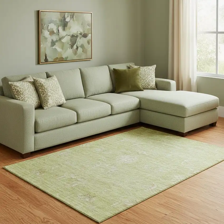 Artichoke Green And Ivory Damask Washable Area Rug With UV Protection Photo 2