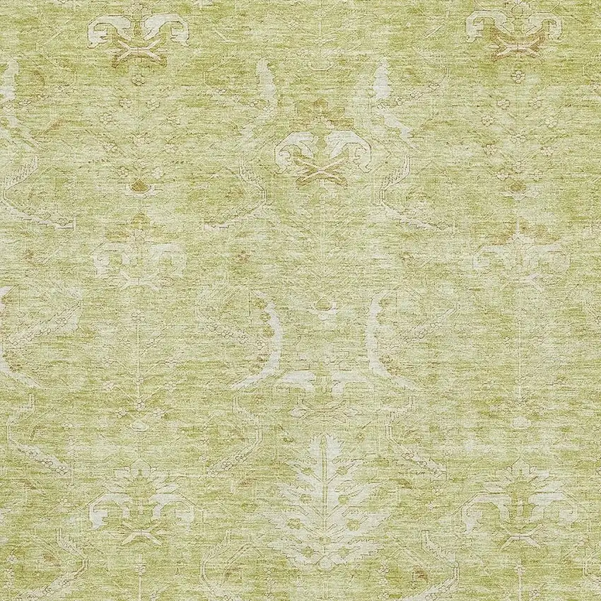 Artichoke Green And Ivory Damask Washable Area Rug With UV Protection Photo 2