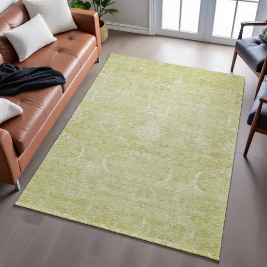 Artichoke Green And Ivory Damask Washable Area Rug With UV Protection Photo 5