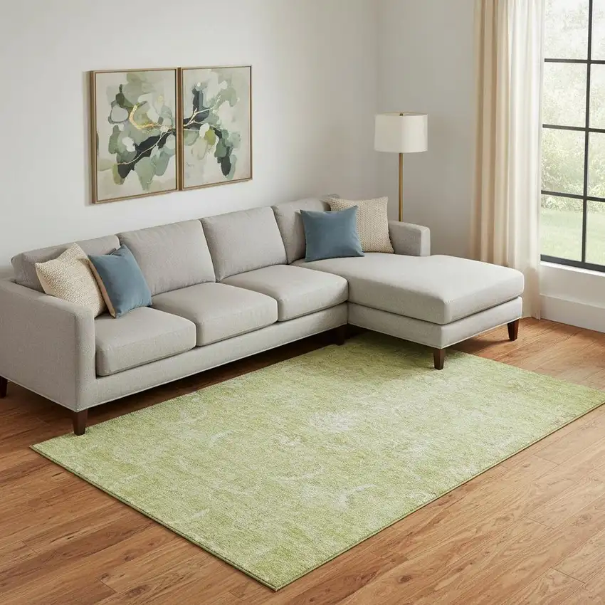 Artichoke Green And Ivory Damask Washable Area Rug With UV Protection Photo 2