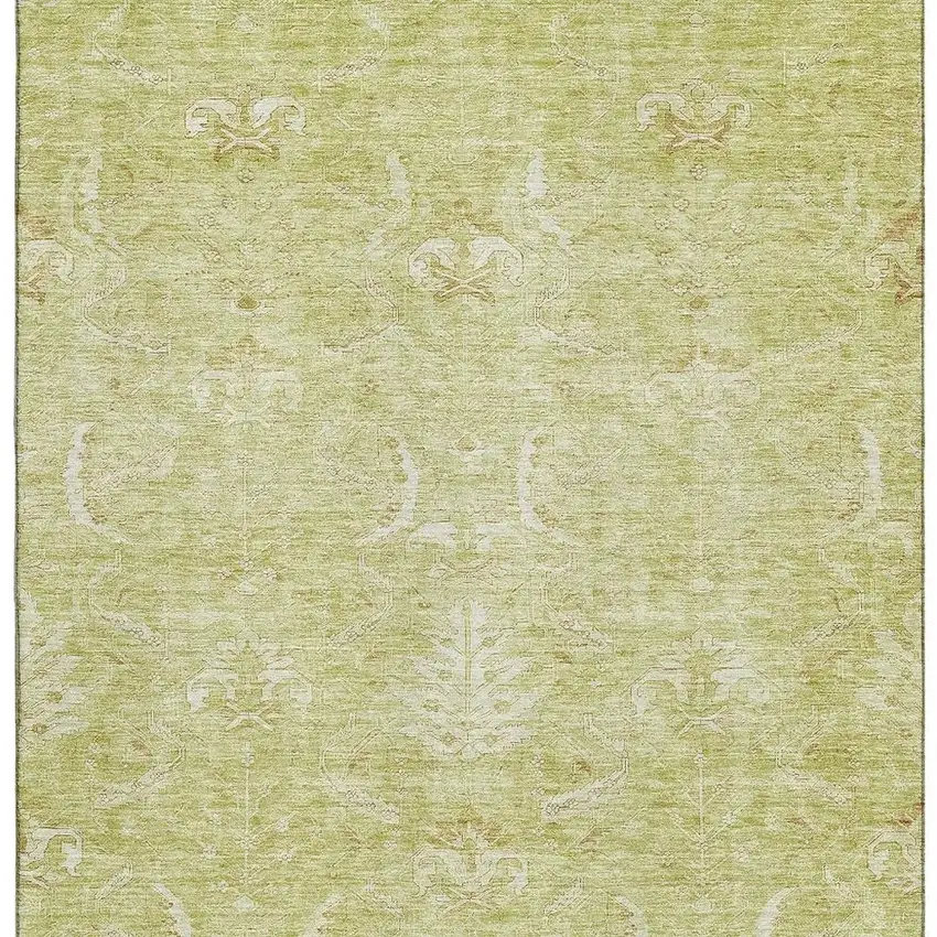 Artichoke Green And Ivory Damask Washable Area Rug With UV Protection Photo 3