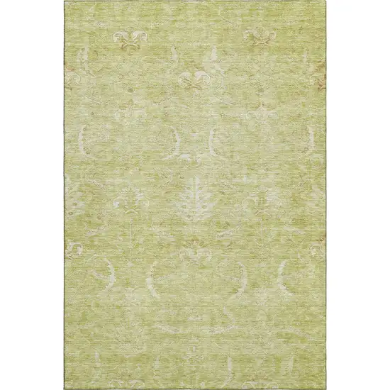 Artichoke Green And Ivory Damask Washable Area Rug With UV Protection Photo 1