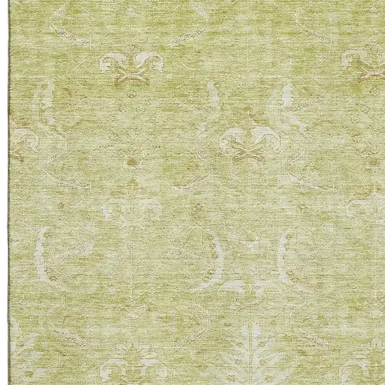 Artichoke Green And Ivory Damask Washable Area Rug With UV Protection Photo 2