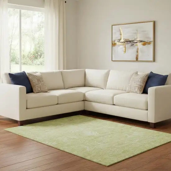 Artichoke Green And Ivory Damask Washable Area Rug With UV Protection Photo 2