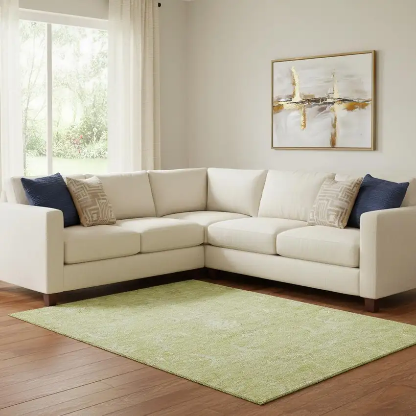 Artichoke Green And Ivory Damask Washable Area Rug With UV Protection Photo 2